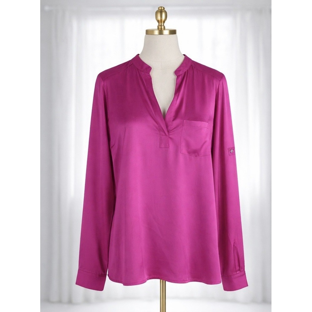Calvin Klein Popover Office Top Pink Roll-Tab‎ Sleeve Blouse Pocket Size Large